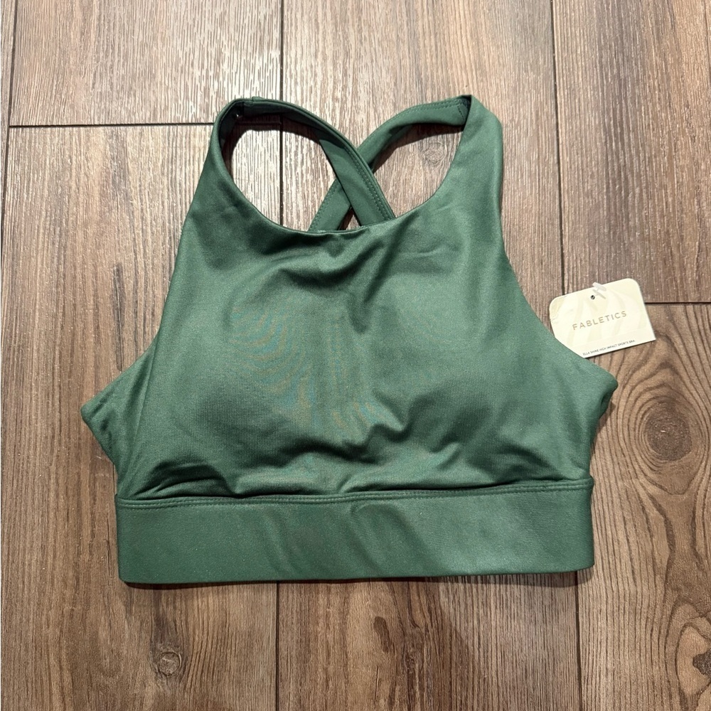 Fabletics Ella Shine High Impact Sports Bra Green XXS Criss Cross Back NWT